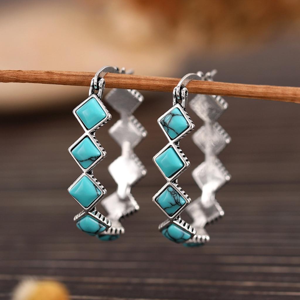 Retro Boho Geometric Zigzag Turquoise-Tone Hoop Earrings