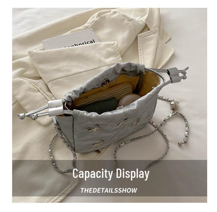 High-End Women's Metallic Bow Bucket Bag - Autumn 2024 Niche Fashion Drawstring Style