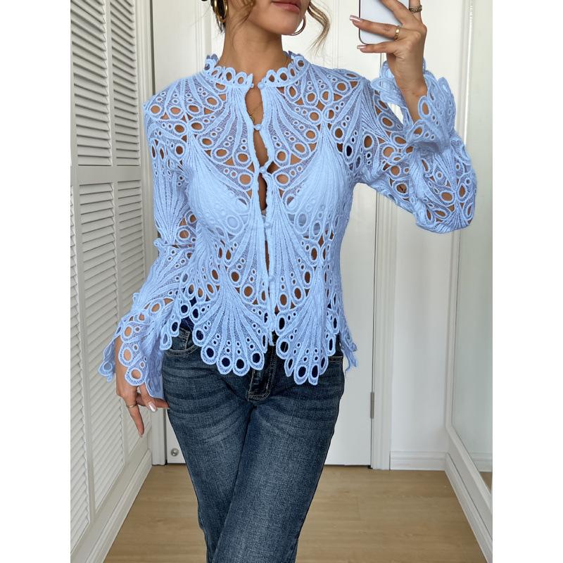 This Is A New Autumn Style of Fashionable and Sexy Cut-out Lace Stand-up Collar with Flared Sleeves and Breathable Knitted Lace Shirt