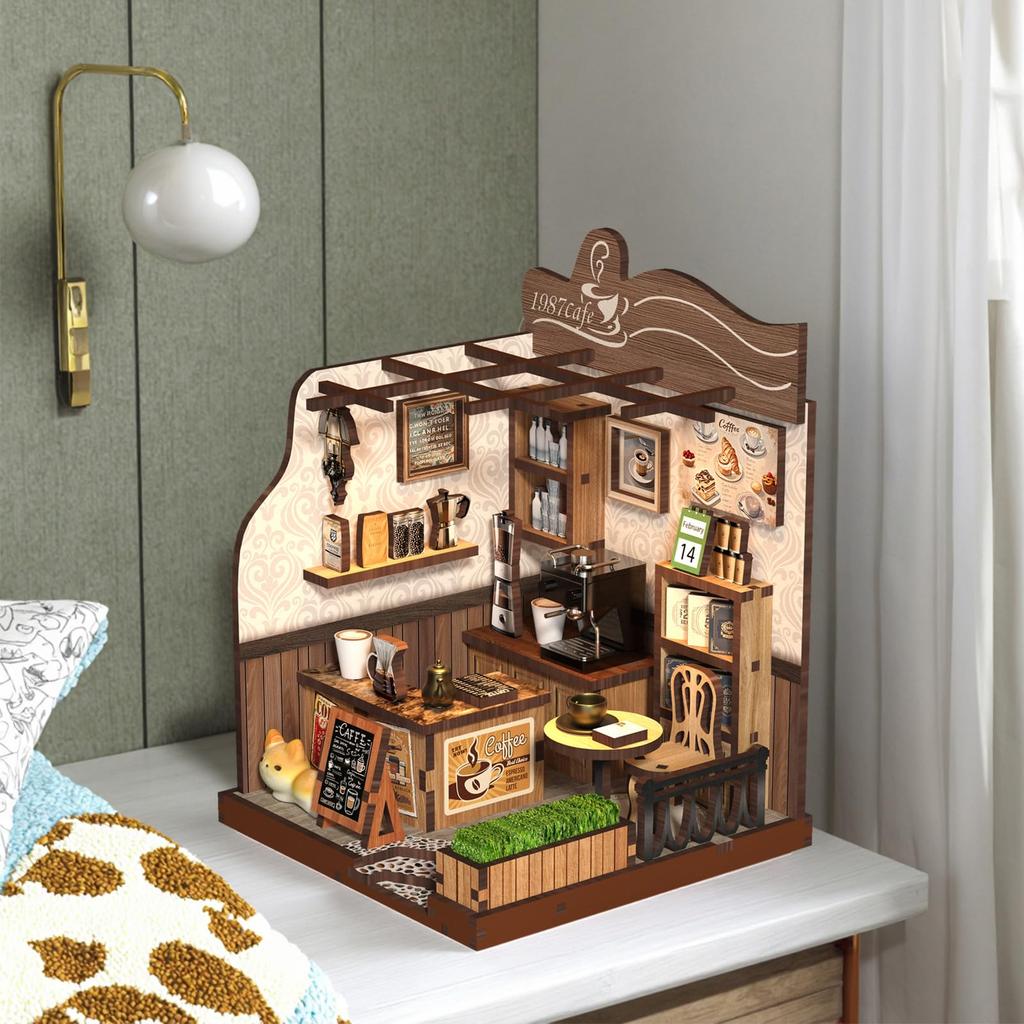 QmXCyzl Wooden DIY Dollhouse Kit, Miniature 3D Bookstand, Holiday Gift, Architectural Scenario (Countryside Cafe)