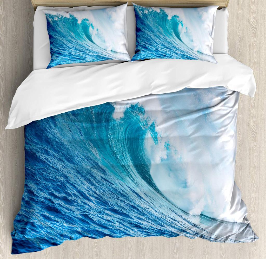 Wave Duvet Cover King/Queen Size 3D Blue Ocean Spray Waves Bedding Set for Kids Teens,Azure Seawater Soft Comforter Cover