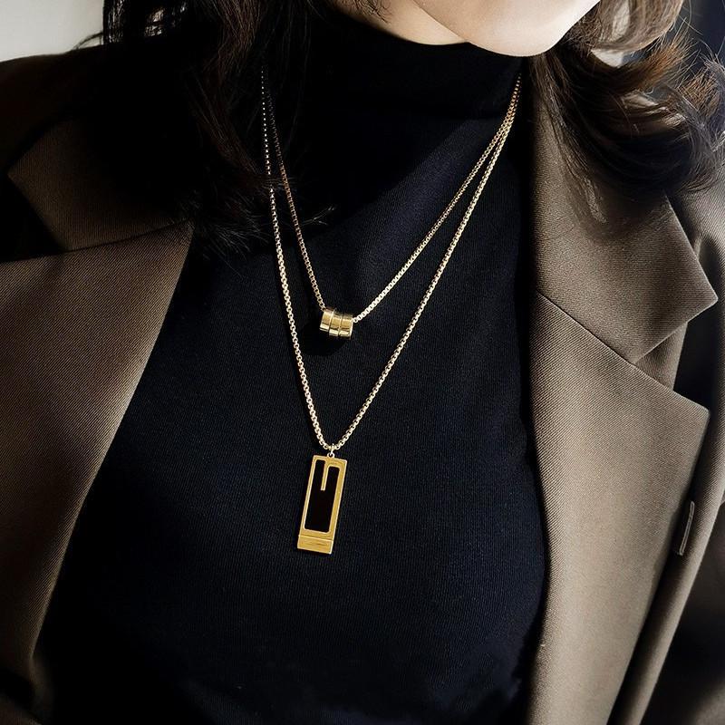 2024 Trendy Double Layer Titanium Steel Necklace: European & American Design for Autumn/Winter