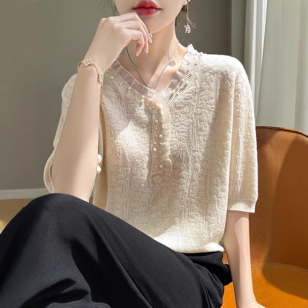 

Женский кружевной вязаный трикотаж с бисером и V-образным вырезом: Топ крючком с ажурным узором облегающего кроя для весны/лета L (Suitable for 110-130 lbs) розовый