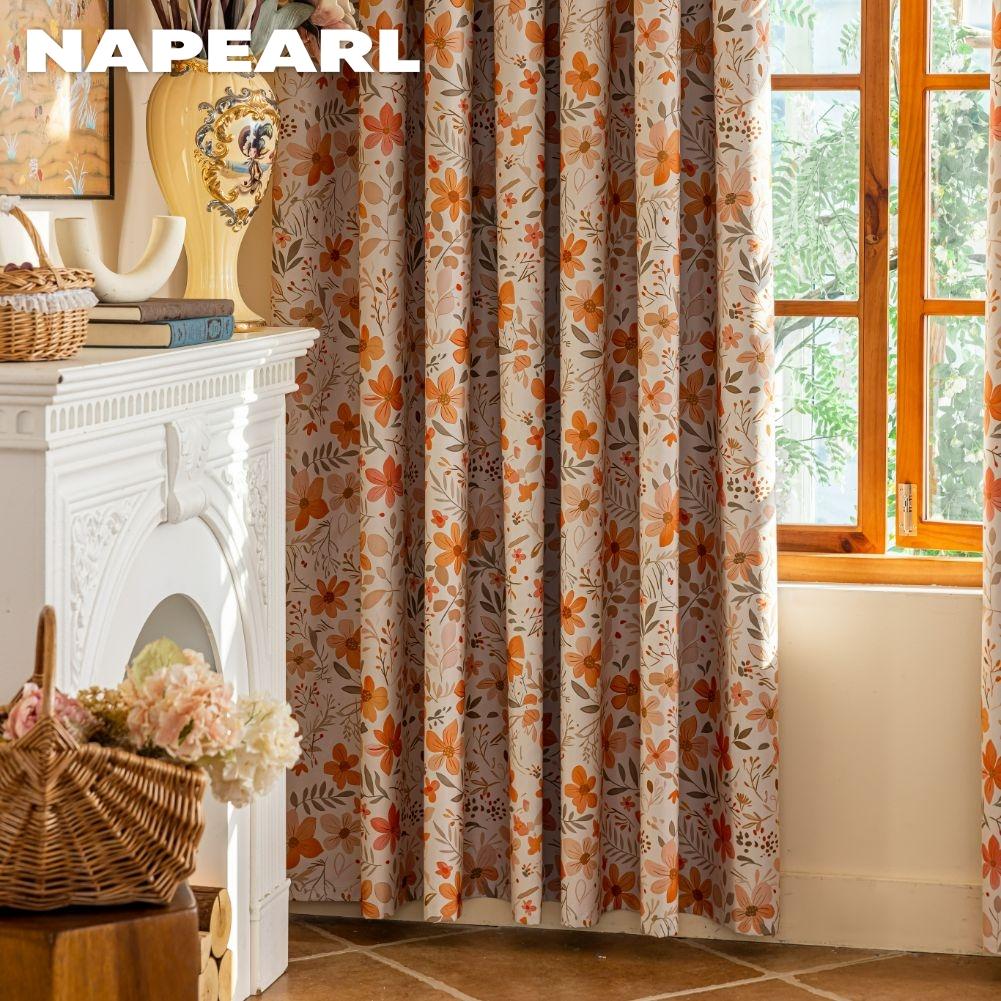 1PC NAPEARL French Vintage Orange Floral Print Blackout Curtain 100% Blackout Versatile Curtain for Bedroom Living Room Balcony Window for Home Decor