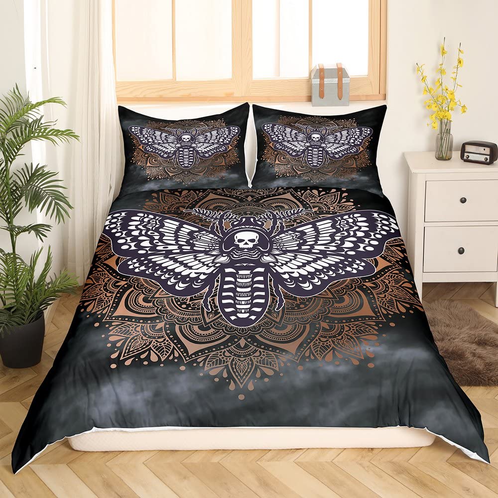Black Death Moth Duvet Cover Set Gothic Skull Bedding Set Butterfly Bedclothes Moon Stars Polyester Quilt Cover for Kids Teens