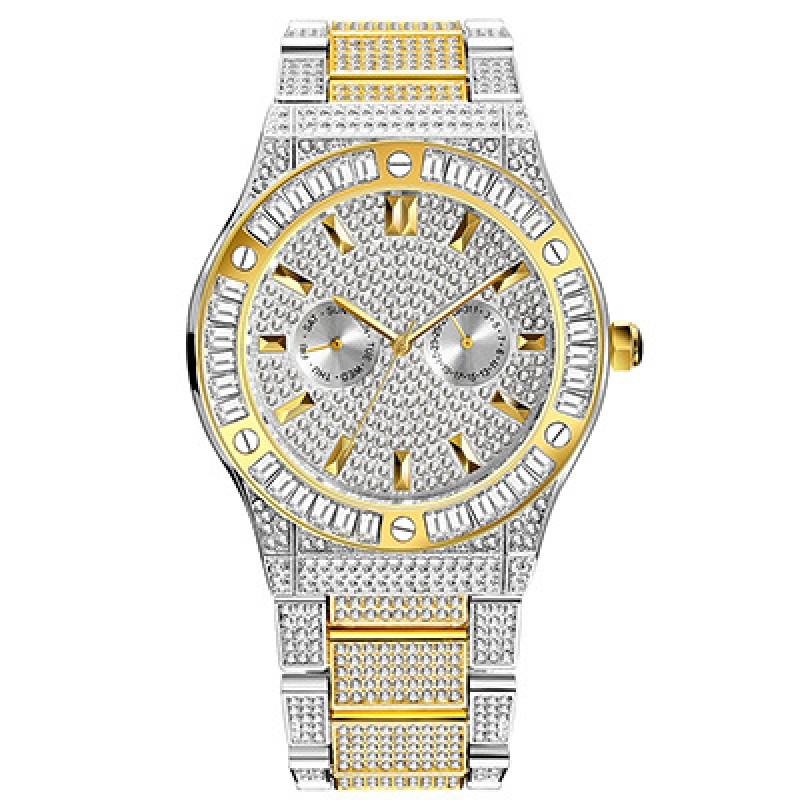 MISSFOX Mens Quartz Watch Bling Full Round Dial Waterproof 30M Classic Gold Plated Hip Hop Style