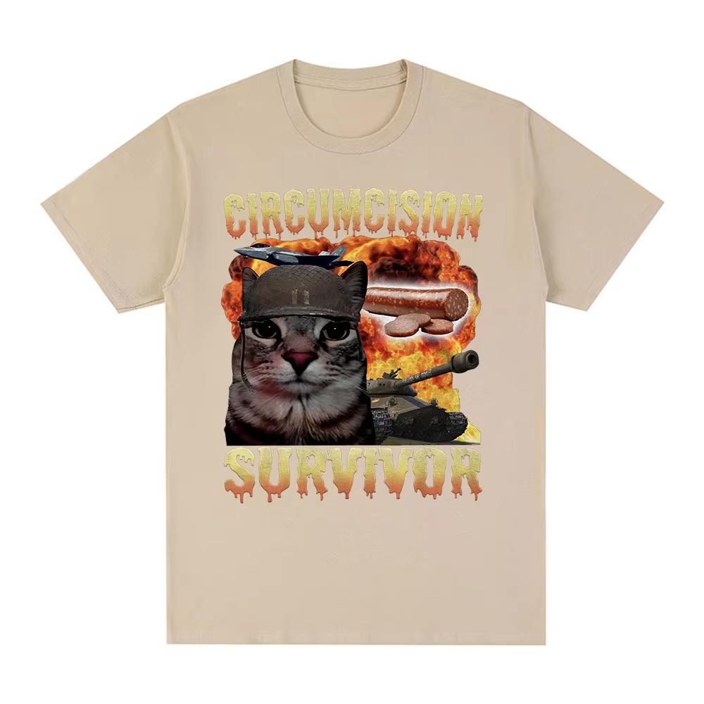 Beschneidungsüberlebender Lustige Katzen-Meme T-Shirts Herren Damen Vintage T-Shirt Lässig Baumwolle Kurzarm Sommer-T-Shirts Streetwear
