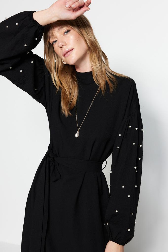 Women's Fashion New Hijab Dress Black Belted Pearl and Stone Detailed Woven Dress