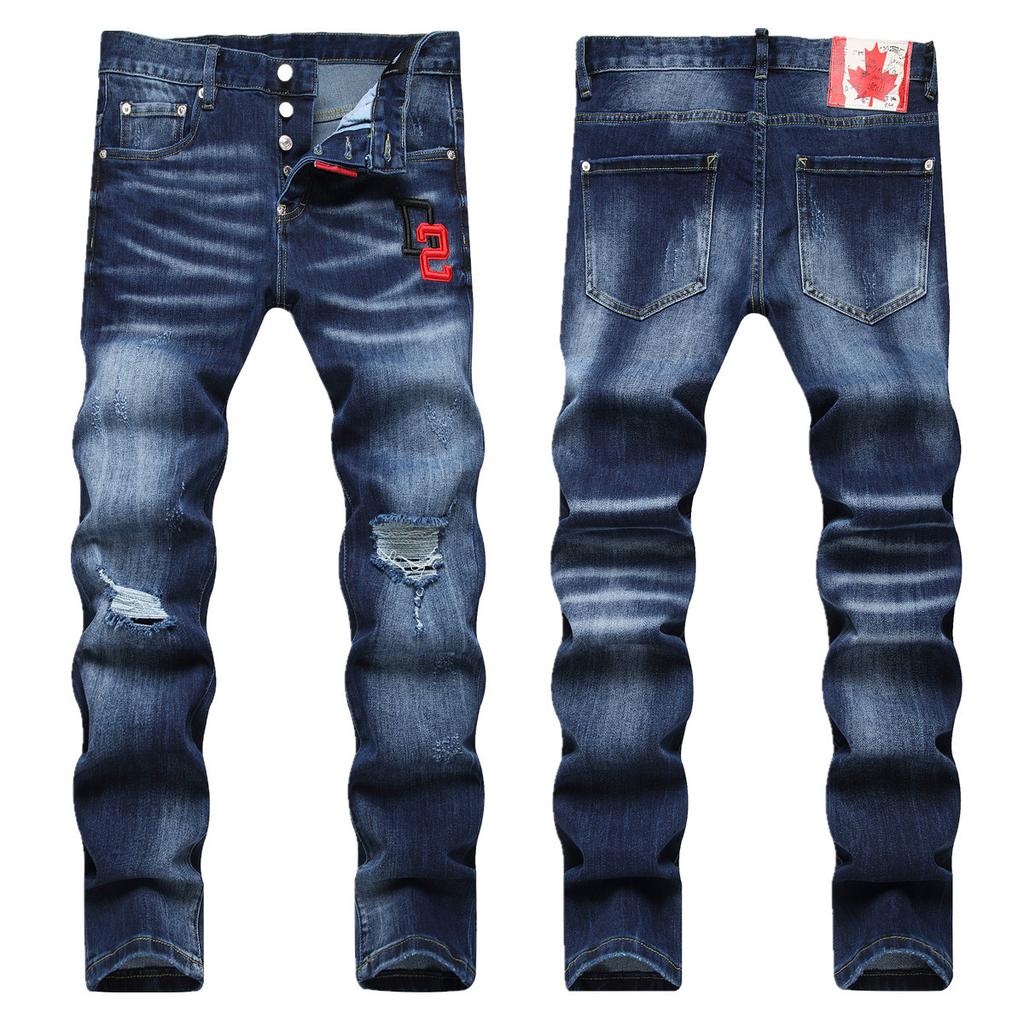 New Trendy Brand Fashionable Street Men's Embroidered Ripped Jeans Daily Slim Fit Small Straight Leg Mid Waist Pants