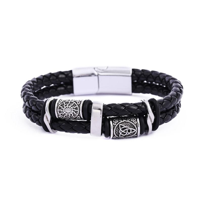 Mens Braided Leather Bracelet with Magnetic Clasp Vintage Norse Viking Rune Skull Gothic Hand Jewelry Ethnic Wristband