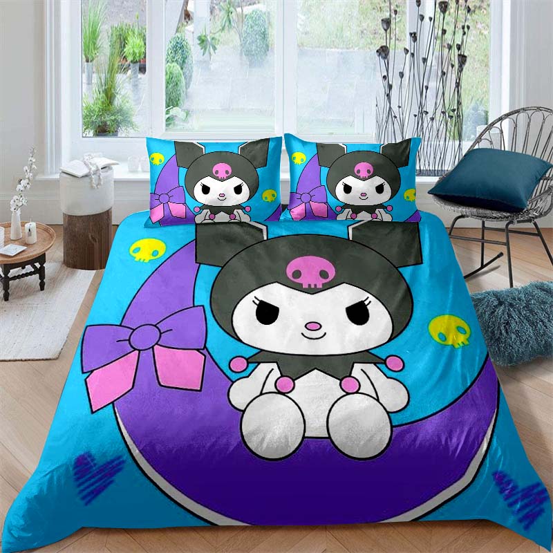 3D Printed Kuromi Cartoon Three-piece Bedding Set, Duvet Cover Set, Includes Pillowcases, No Filling.