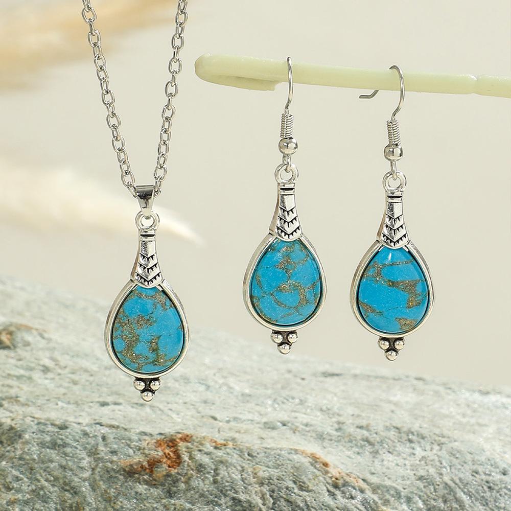 1Pcs Necklace + 1 Pair Earring Set for Women Girls Bohemia Assorted Style Antique Silver Turquoise Inlay Statement Decors Party