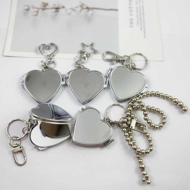 Flip Folding Mirror Keychain Travel Pocket Mirror Key Ring Metal Elliptical Heart-Shaped Mirror Anti-Lost Phone Camera Pendant