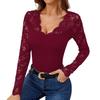Women's Fashionable Fan-Shaped V-Neck Lace Patchwork Slim Fit T-Shirt Long Sleeved Top