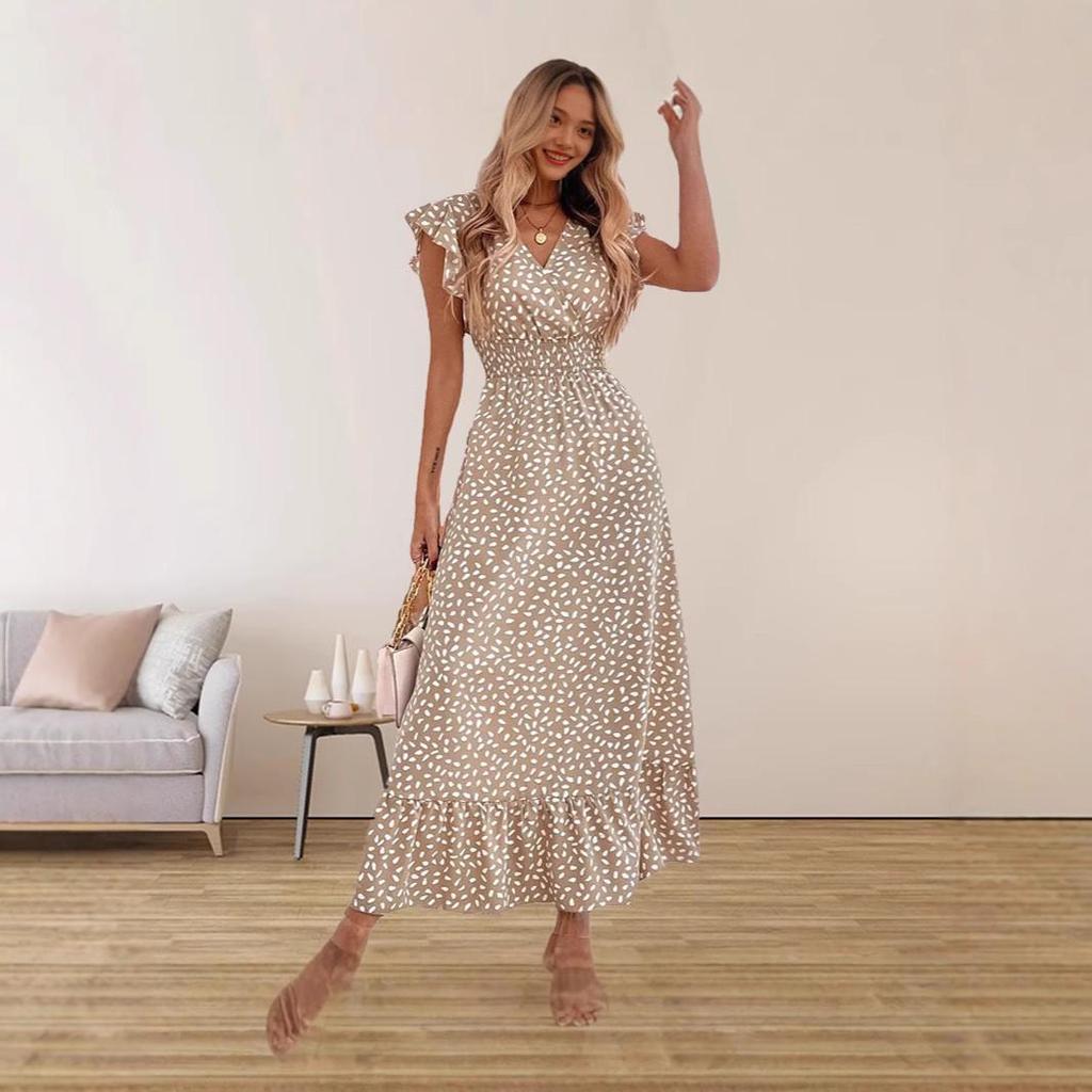 Robe longue à col en V cintrée à la taille avec manches à volants pour femme, Collection Printemps/Été (803).