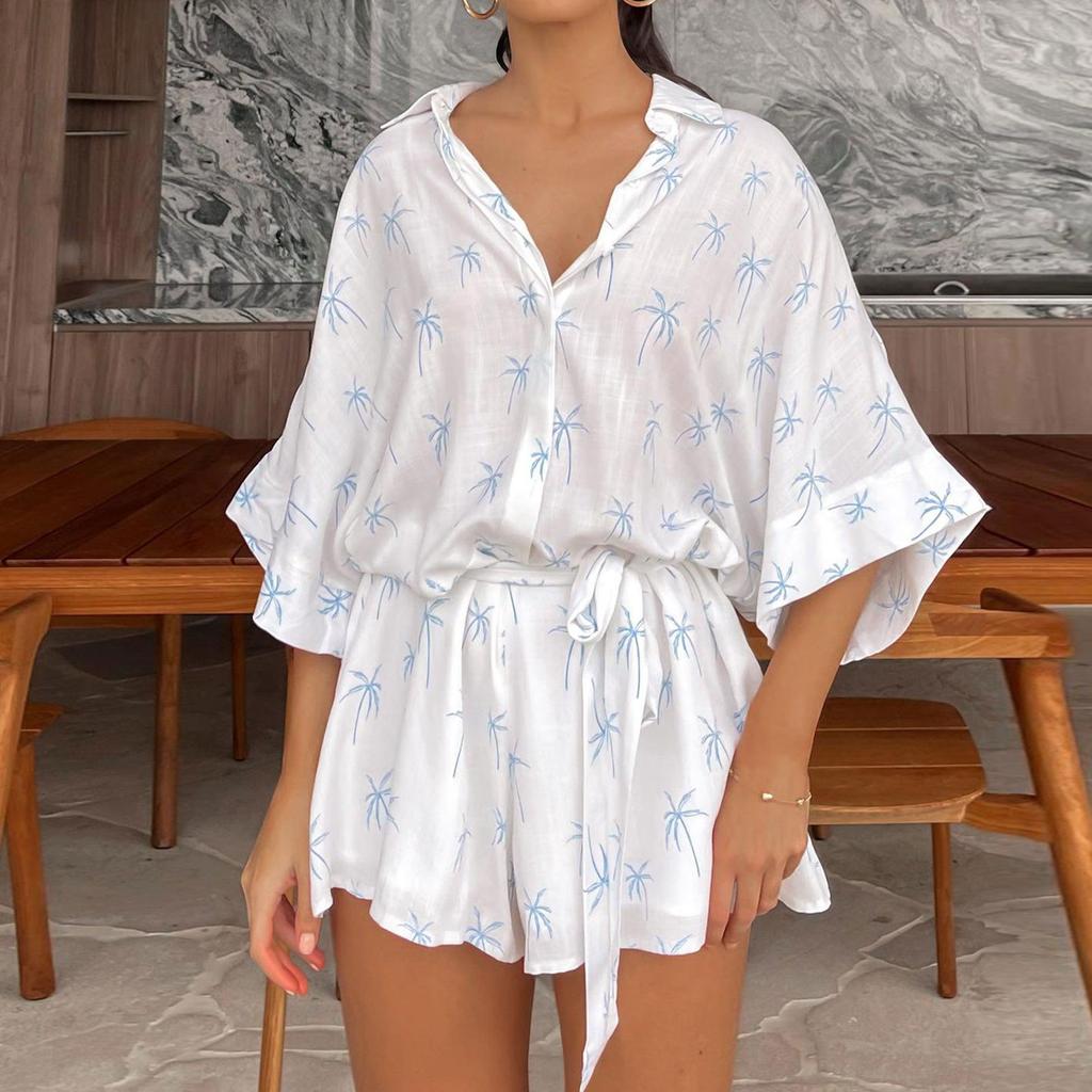 Women's Fashionable Casual Loose And Comfortable Tie Waist Open Collar Five Quarter Sleeve Jumpsuit
