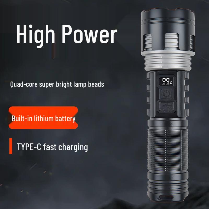 Temu 115B Multi-Function Rechargeable Flashlight: Strong Light, Zoomable, with Digital Display for Outdoor Patrol and Night Fishing Emergencies.