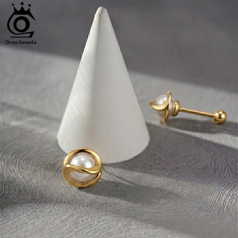 ORSA JEWELS 14K Gold 925 Sterling Silver Pearl Mini Small Stud Earrings for Women Chic Minimalist Office Korean Jewelry GPE136