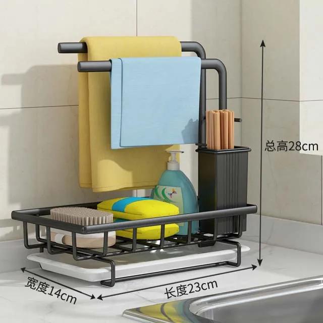 Sponge Holder Kitchen Sink Organizer with Towel Rack Drain Pan Wall Mounted&Desktop Dish Drainer Soap Dish Rack Drainer Sink