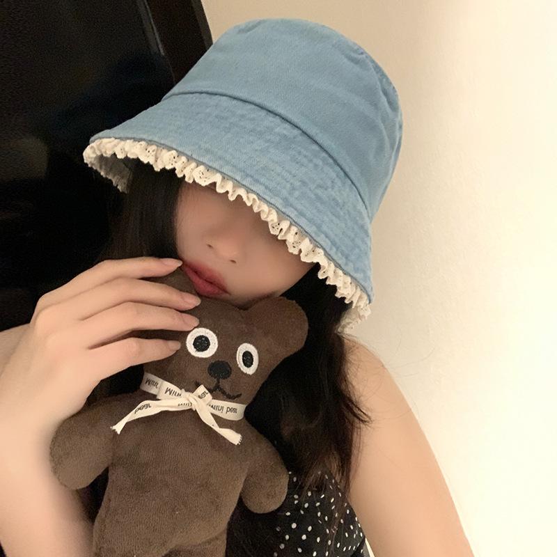 Cute Bucket Hat Lace Edge Denim Basin Hat Summer Travel Sunshade Sunscreen Show Face Small Simple Wind Bucket Hat