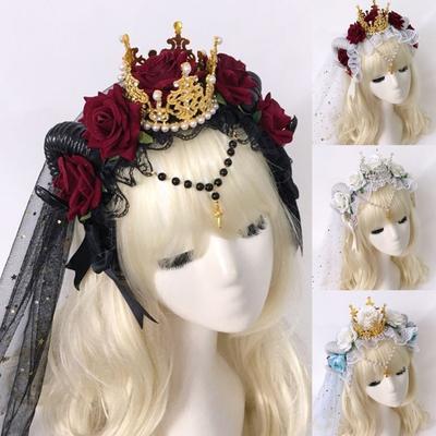 Diadema Gótica de Cuerno de Oveja Cuernos de Diablo Steampunk Flores de Rosa Encaje y Decoraciones de Tiara para Fiesta de Disfraces Accesorios para Fotos