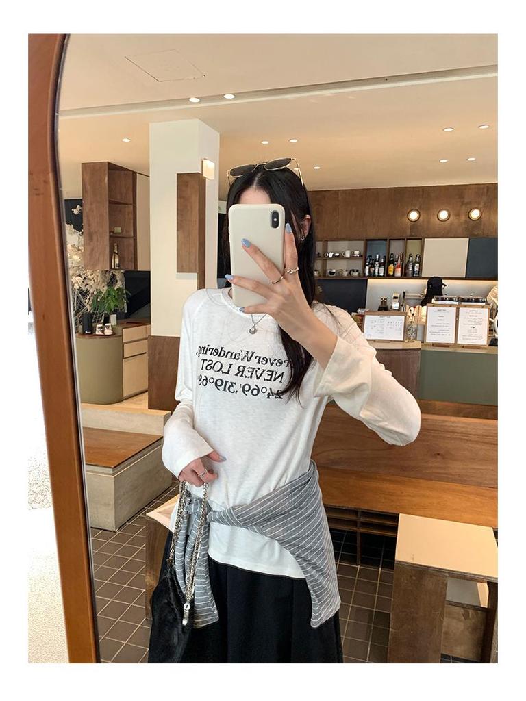 Women's European Style Long Sleeve Loose-Fit Letter Print T-Shirt, American Retro Slim Base Layer