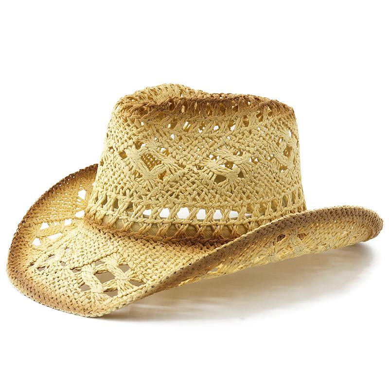 Unisex Gradient Hollow Woven Cowboy Straw Hat Breathable Wide Brim Sun Protection Outdoor Travel Beach Cap