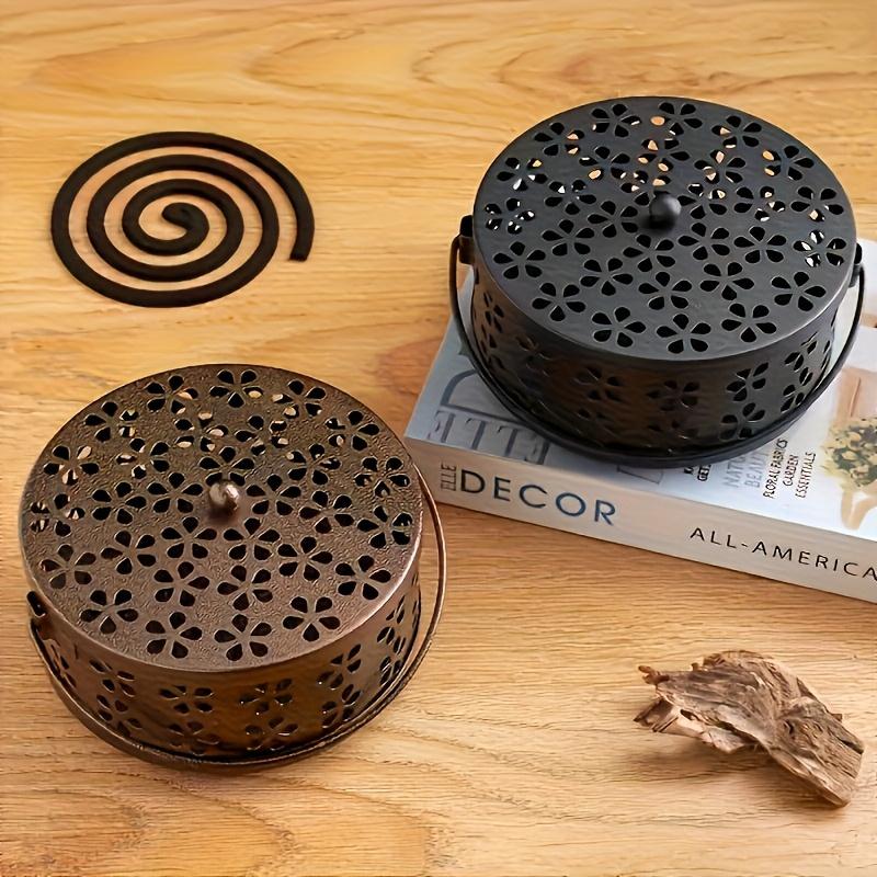 Vintage Metal Mosquito Coil Holder with Handle Portable Iron Incense Burner, Decorative Cut Out Patterns, No Batteries Needed for Home Outdoor Use