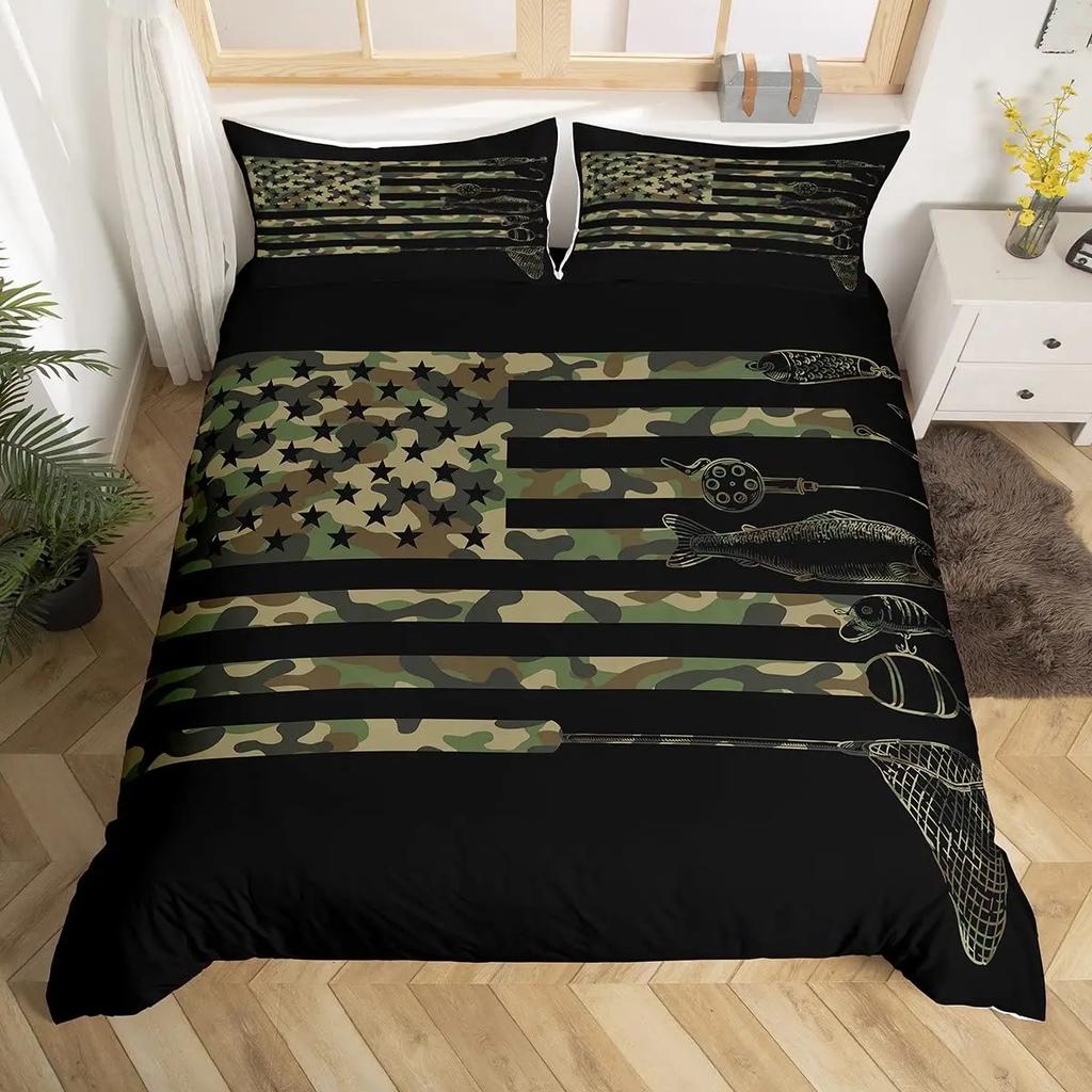 Boys Army Green Duvet Cover Set Full King Size,Classic Camouflage Bedding Set,USA Soldier Silhouette Comforter Cover Quilt Cover