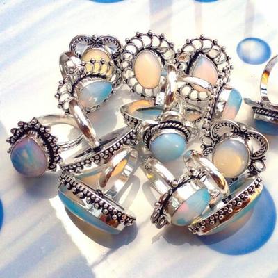 10Pcs Opalite Gemstone 925 Sterling Silver Plated Wholesale Lot Rings JOR-R97