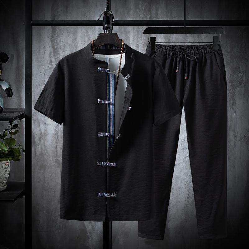 Shirts + Pants summer Cotton linen shorts sleeve Men's Casual Sets Male Fashion trousers and shirts men
