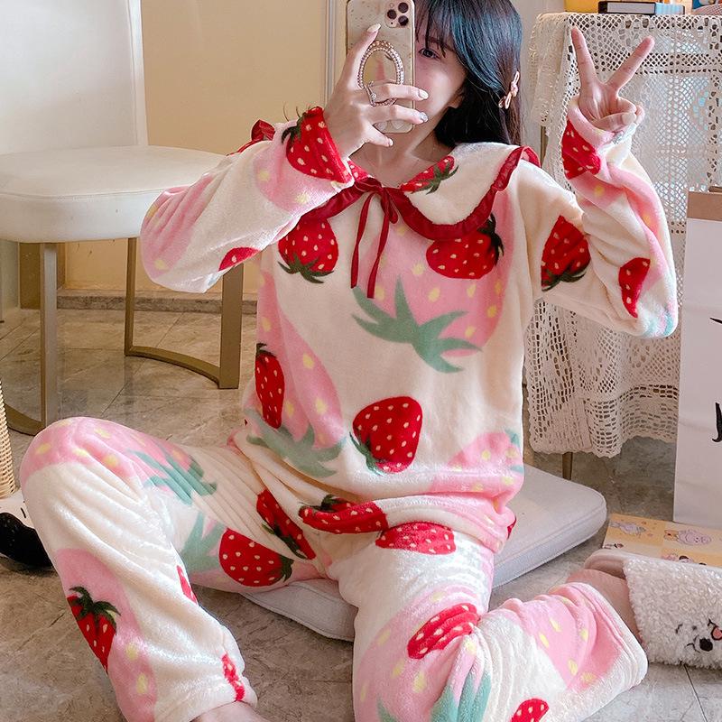 Women's Coral Fleece Pajamas: Warm, Thick Cardigan Lapel Homewear Set for Autumn and Winter