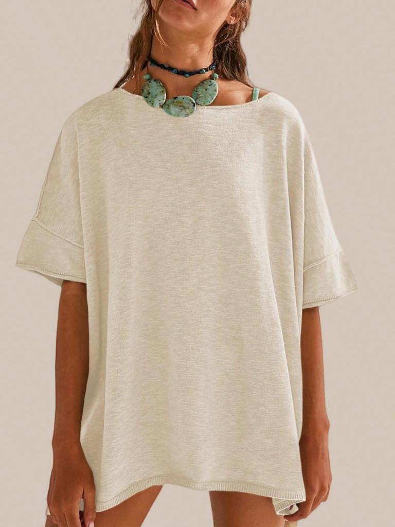Women's Oversized T-Shirt Crew Neck Short Sleeve Side Slit Loose Summer Blouse Top