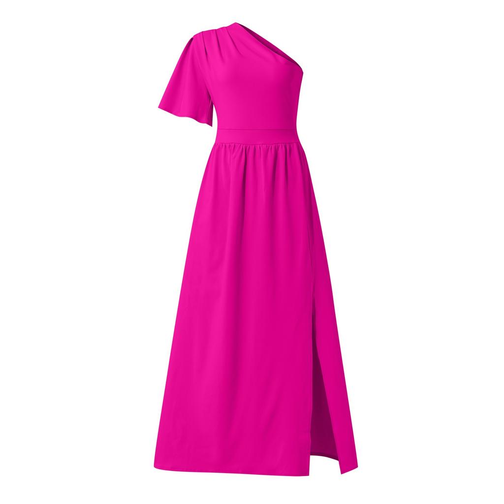Women's Color Ruffle Slanted Shoulder Hem Slit Dress