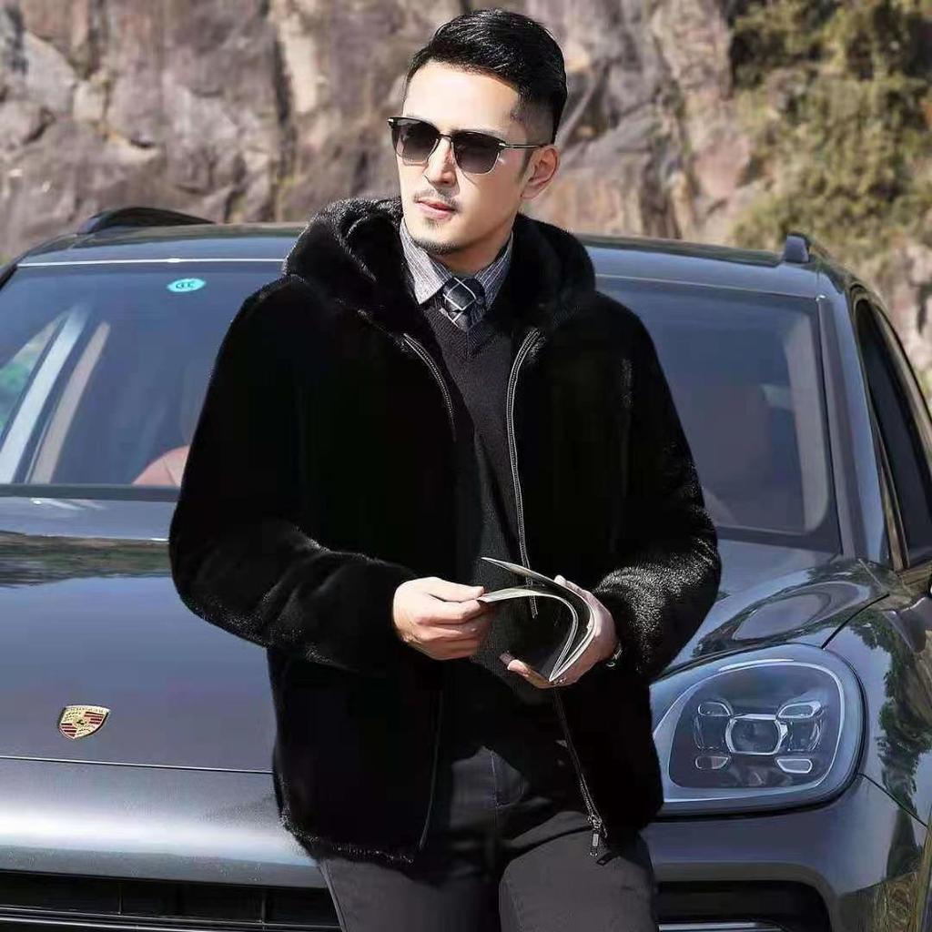 Golden Mink Velvet Hooded Faux Fur Men's Coat