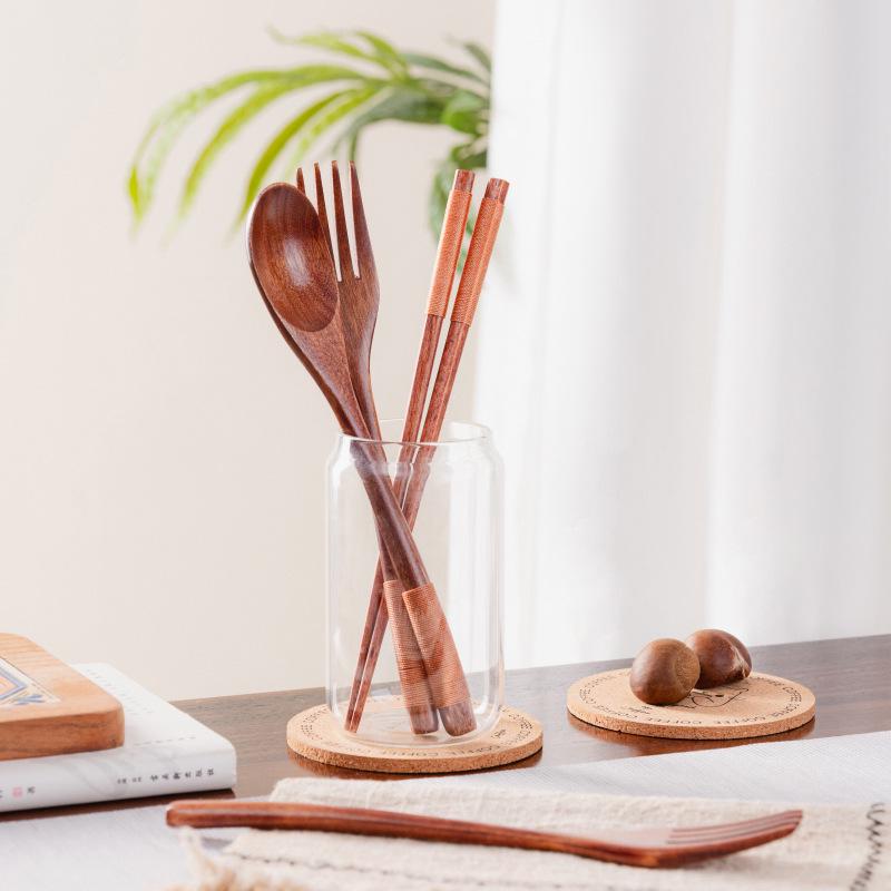 Wooden Cutlery Set: Spoon, Fork & Chopsticks with Travel Pouch