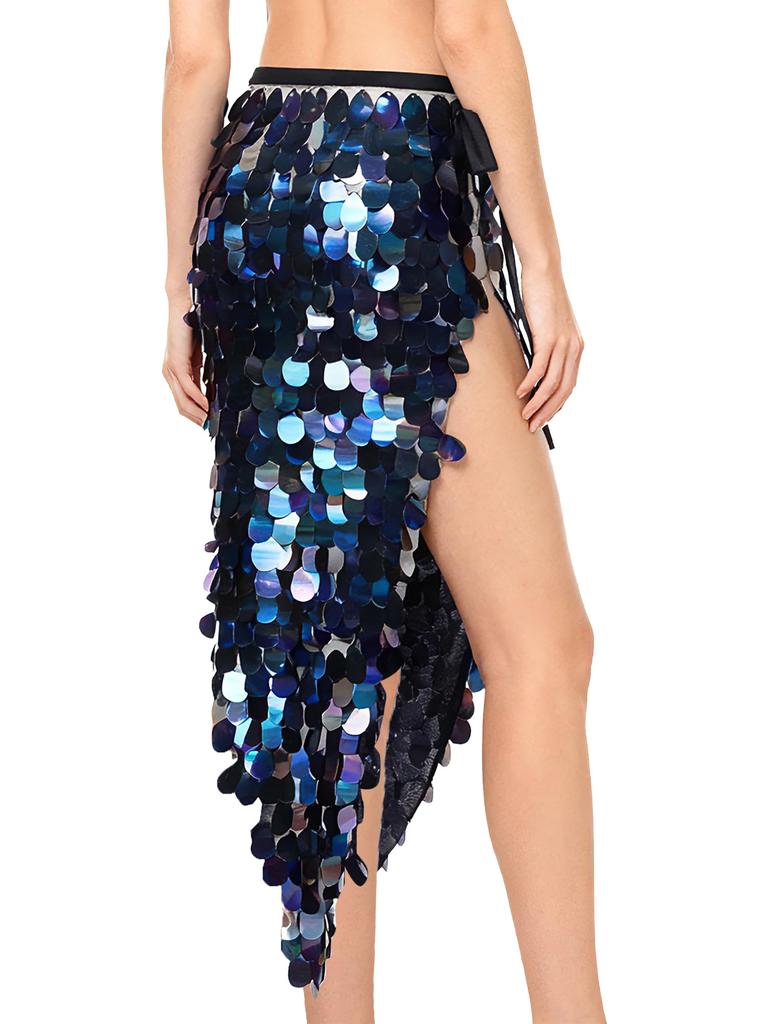 Womens Sparkly Sequin Hip Skirt Belly Dance Costume Lace Up Mermaid Scarf Wrap Halloween Festival Wear