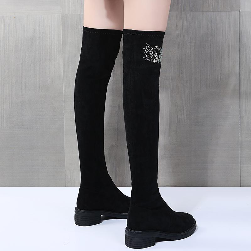Women's Over Knee Stretch Boots 2025 Autumn Winter New Design Crystal Embellished Thick Heel Slimming Faux Fur Lining Warm Boots