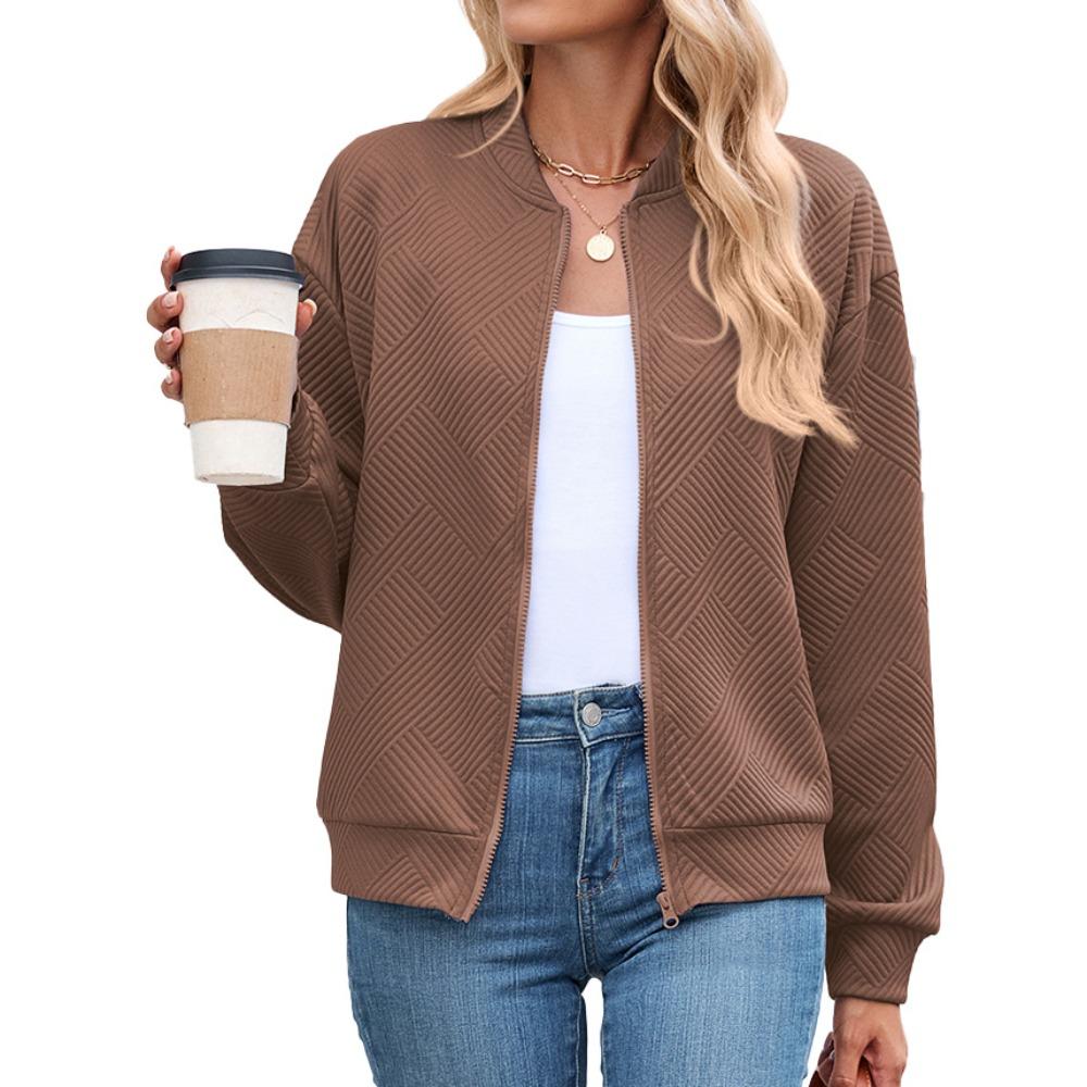 Women's Long-Sleeve Jacket Fall/Winter Solid Color Crew Neck Zipper Loose-Fit Long-Sleeve Sweatshirt Women's Baseball Jacket