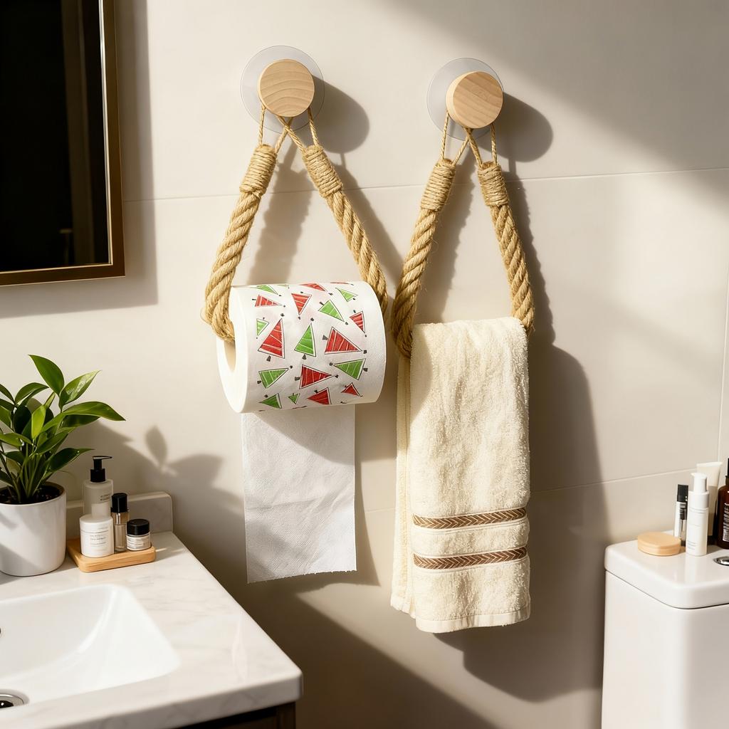 No-Drill Wooden Adhesive Hooks with Jute Rope and Towel Holder for Bathroom