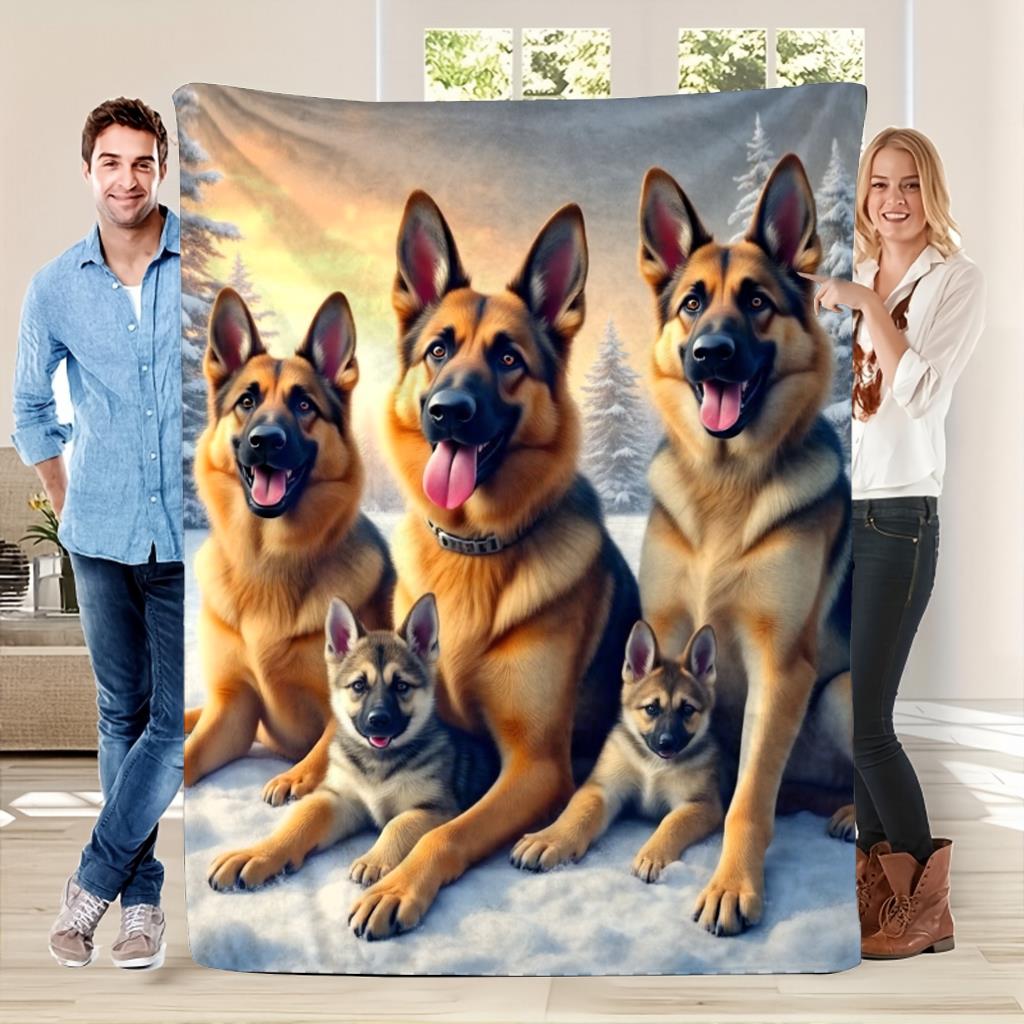 German Shepherd Dog Family Fleece Blanket Winter Snow Scene Soft Cozy Throw Pet Lover Gift Home Decor for Dog Owners100x130