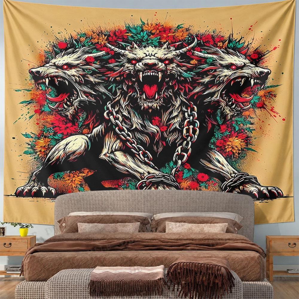 Cerberus and Floral Chains Artwork Pattern Wall Hanging Tapestry Decorative Tapestry Home Decor for Bedroom and Living Room