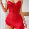 Nightwear with Adjustable Straps Women's Sexy Lace Sheer Bodycon Mini Dress See Through Nightdress Chemise Bobydoll Ruched Nightgown Set Thong
