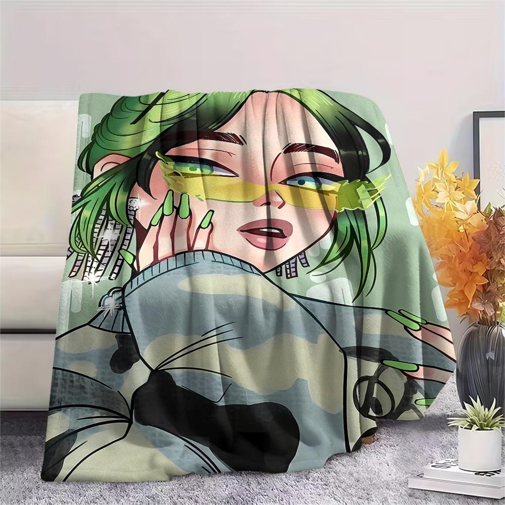 1PC Billie Eilish Print Flannel Blanket, High quality All Seasons, Home Decor, Warmth and Comfort, Perfect for Christmas Gifts