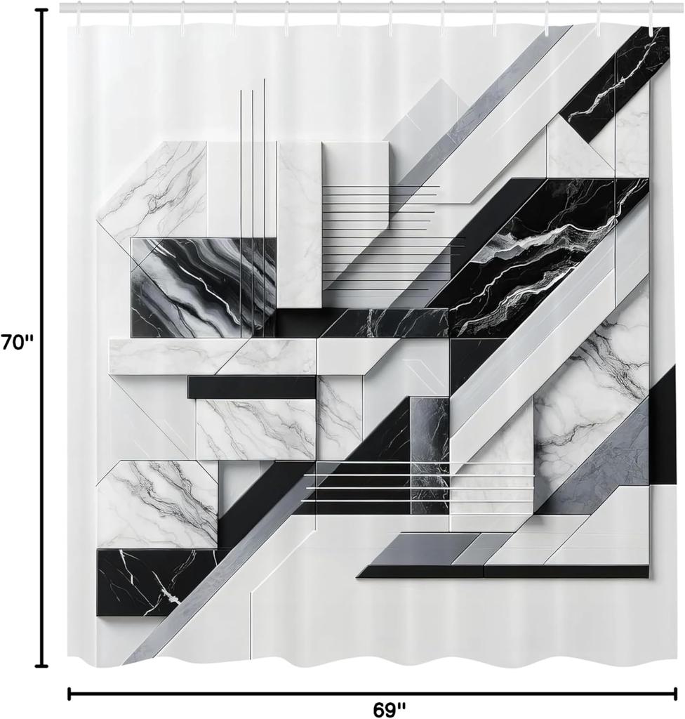Black And White Shower Curtain, Modern And Geometric Polygonal Shapes With Marble Print Effect, Cloth Fabric Bathroom