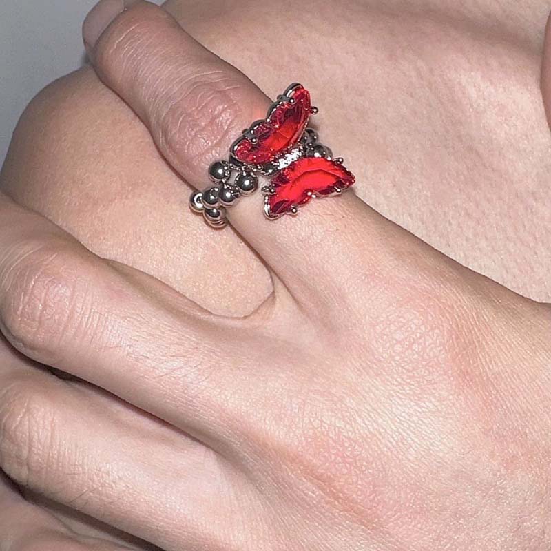 Luxury Red Crystal Zircon Butterfly Rings For Women Girls Elegant Metal Handmade Beaded Elastic Ring Zircon Accessories Gifts красный