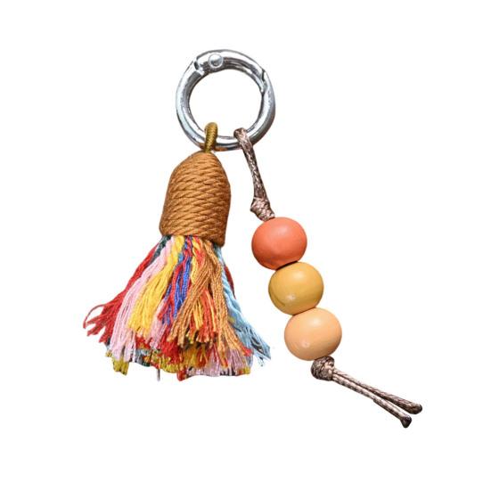 

Tibetan Rainbow Tassel Pendant Keychain with Natural Wood Beads Ethnic Style Bag Charm Shoe Decoration with Metal Ring Buckle Small Exquisite