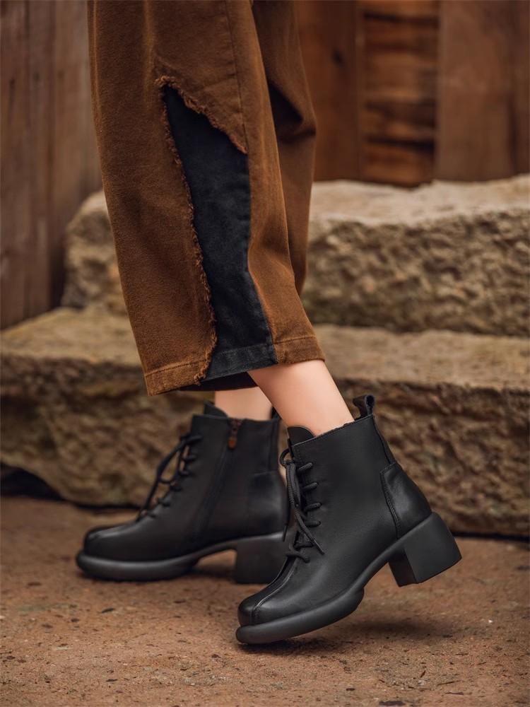 Fashion GKTINOO Handmade Retro High Heel Boots Women Autumn Winter Full Cow Leather Round Toe Zipper Trend Warm Ankle Boots Female