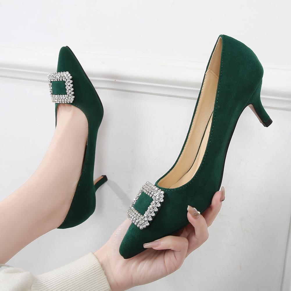 New Fairy High Heels, Thin Heel, Medium Heel, Shallow Mouth, Pointed Rhinestone Single Shoes, Daily