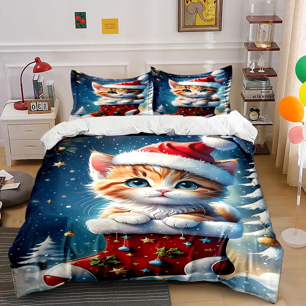 Santa hat, kitten, Christmas stocking. Bedding sets Duvet cover sets Duvet covers Pillowcases(1 * Duvet Cover 2 * Pillowcases without duvet insert)